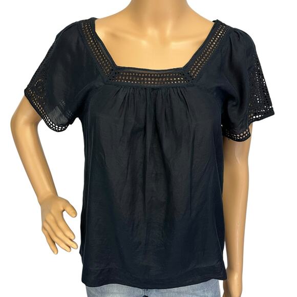 J. Crew Eyelet Silk Blend Blouse Black Embroidered Short Sleeve Size 0 - Picture 2 of 11